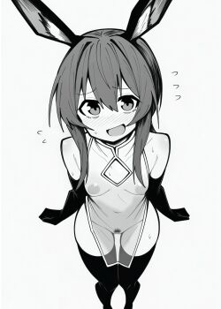 1girl alternate_costume amiya_(arknights) animal_ears arknights black_gloves black_thighhighs commentary_request covered_erect_nipples covered_navel elbow_gloves gloves greyscale highres looking_at_viewer makigirisu monochrome pubic_hair rabbit_ears rabbit_girl see-through_clothes simple_background solo thighhighs white_background