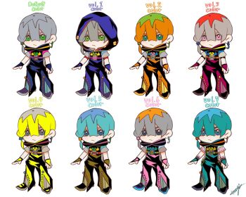 1boy aqua_bridal_gauntlets aqua_hair aqua_overalls bell-bottoms belt blonde_hair blue_bridal_gauntlets blue_eyes blue_hair braid bridal_gauntlets brown_bridal_gauntlets brown_overalls chibi chibi_only closed_mouth commentary_request earrings english_text full_body green_eyes green_hair grey_hair grey_shirt hair_between_eyes hair_ornament heart_ornament highres hood hood_down hood_up hooded_overalls jewelry jodio_joestar jojo_no_kimyou_na_bouken long_bangs looking_at_viewer male_focus multicolored_hair multiple_persona official_alternate_costume orange_bridal_gauntlets orange_hair orange_overalls overalls pants pink_bridal_gauntlets pink_eyes pink_overalls pink_shirt r_rist red_bridal_gauntlets red_hair red_overalls shirt side_braid signature simple_background single_earring star_(symbol) star_hair_ornament the_jojolands two-tone_hair variations white_background wing_ornament yellow_bridal_gauntlets yellow_overalls