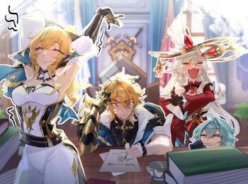2boys 2girls alice_(genshin_impact) blonde_hair blue_eyes bow breasts commentary detached_sleeves english_commentary genshin_impact gloves hair_between_eyes hair_bow highres jean_(genshin_impact) laughing lohen_(genshin_impact) long_hair mole mole_under_eye multicolored_eyes multiple_boys multiple_girls open_mouth paper pointy_ears ponytail sidelocks smile varka_(genshin_impact) viviwi