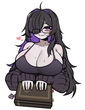 1girl absurdres ahoge arms_under_breasts bare_shoulders black-framed_eyewear black_camisole black_cardigan black_hair book bookmark breasts camisole cardigan cardigan_partially_removed cleavage collarbone colored_inner_hair commentary_request glasses goddess_of_victory:_nikke hair_intakes hair_over_one_eye heart highres holding holding_book hollyeung huge_breasts korean_commentary label_(nikke) long_hair looking_at_viewer mole mole_on_breast multicolored_hair nervous_smile one_eye_covered purple_eyes purple_hair simple_background sleeves_past_wrists smile solo sweat white_background