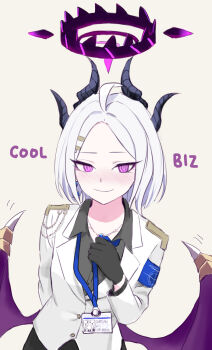 1girl alternate_costume alternate_hairstyle blue_archive blush breasts commentary_request demon_girl demon_horns demon_wings fantomyu halo highres hina_(blue_archive) horns looking_at_viewer low_wings purple_eyes short_hair simple_background small_breasts solo white_background white_hair wings