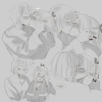 2girls ? blush braid closed_eyes dungeon_meshi english_text falin_touden grabbing_another&#039;s_ear grey_background gygerbeen_rtl06 hand_on_another&#039;s_ear highres kiss long_hair marcille_donato monochrome multiple_girls pointy_ears short_hair simple_background spoken_question_mark