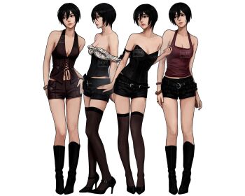 1girl arm_up artist_name bare_shoulders belt black_belt black_boots black_hair black_shoes black_shorts black_thighhighs boots bracelet breasts brown_shorts brown_vest cleavage closed_mouth commentary english_commentary facial_scar full_body hair_between_eyes highres jewelry medium_breasts midriff_peek mikasa_ackerman multiple_views off-shoulder_shirt off_shoulder red_tank_top scar scar_on_cheek scar_on_face shingeki_no_kyojin shirt shoes short_hair short_shorts shorts solo strapless strapless_shirt strappy_heels sumiensp tank_top thighhighs vest white_background