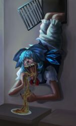 Rule 34 | 1girl, air vent, bloomers, blue dress, blue hair, cirno, clip studio paint (medium), commentary, commission, dress, eating, english commentary, feet out of frame, food, horror (theme), indoors, monster, open mouth, pasta, puffy short sleeves, puffy sleeves, short hair, short sleeves, skullchimes, solo, spaghetti, touhou, underwear, what, white bloomers
