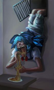 1girl vent_(object) bloomers blue_dress blue_hair cirno clip_studio_paint_(medium) commentary commission creepy dress eating english_commentary feet_out_of_frame food horror_(theme) indoors monster open_mouth pasta puffy_short_sleeves puffy_sleeves short_hair short_sleeves skullchimes solo spaghetti touhou underwear what white_bloomers