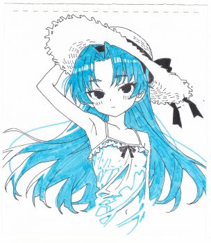 1girl absurdres armpits bare_shoulders blue_theme commentary_request covered_navel dress expressionless flat_chest hat highres long_hair looking_at_viewer marker_(medium) matuo3232 monochrome rance_(series) sengoku_rance shinobu_(rance) solo sun_hat sundress traditional_media upper_body