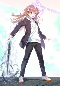 1girl a_certain_high_school_uniform alternate_costume alternate_hair_length alternate_hairstyle black_jacket black_pants brown_eyes brown_hair cosplay crossdressing crossdressing_(ftm) electricity electrokinesis eritri full_body gakuran hair_ornament hairpin highres hood hoodie jacket jacket_over_hoodie kamijou_touma kamijou_touma_(cosplay) long_hair long_sleeves magnetism metal_sand misaka_mikoto open_clothes open_jacket pants school_uniform shoes simple_background sneakers solo standing toaru_majutsu_no_index toaru_majutsu_no_index:_new_testament variant_set white_background white_hoodie white_shoes