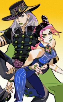 1boy 1girl cape commentary cowboy_hat double_bun earrings goggles goggles_on_headwear green_lips green_nails gyro_zeppeli hair_bun hat highres jewelry jojo_no_kimyou_na_bouken kuujou_jolyne long_hair multicolored_hair reichio steel_ball_run stone_ocean stud_earrings two-tone_hair