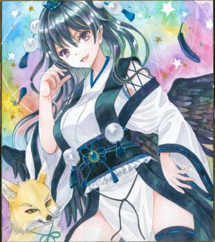 1girl :d bird_wings black_feathers black_wings blue_hair blush breasts commentary_request feathered_wings feathers hajike_akira hat highres iizunamaru_megumu kourindou_tengu_costume kudamaki_tsukasa kudamaki_tsukasa_(fox) large_breasts looking_at_viewer open_mouth pointy_ears pom_pom_(clothes) shikishi smile tengu tokin_hat touhou traditional_media wings