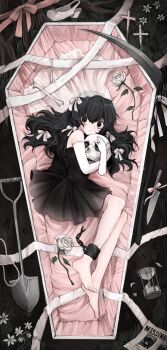 1girl ankle_cuffs barefoot black_dress black_eyes black_hair bone coffin crazy_eyes cross dress elbow_gloves flower gloves grass hair_spread_out highres holding holding_skull hourglass jewelry knife long_hair looking_at_viewer lying missing_poster necklace on_side original pearl_necklace ribbon rose scythe shovel skull smile solo strapless strapless_dress unworn_jewelry unworn_necklace unworn_shoe veil white_flower white_gloves white_rose white_veil yumeko_(devilxkid)