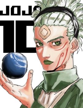 Rule 34 | 1boy, bandaid, bandaid on face, bandaid on forehead, black hairband, dejigura, earth (planet), english text, facepaint, green eyes, green hair, green lips, hair slicked back, hairband, hand up, highres, holding planet, jojo no kimyou na bouken, jujutsu kaisen, jujutsu kaisen modulo, looking at viewer, male focus, marulu val vol yelvori, planet, short hair, thick eyebrows, white hair