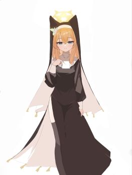 Rule 34 | 1girl, adapted costume, animal ear headwear, black dress, black thighhighs, blue archive, blue eyes, cat girl, closed mouth, double-parted bangs, dress, fake animal ears, feet out of frame, flower, hair between eyes, hair flower, hair ornament, halo, highres, long hair, long sleeves, looking at viewer, mari (blue archive), mskim, nun, orange hair, side slit, simple background, smile, solo, straight-on, thighhighs, white background, white flower, yellow halo