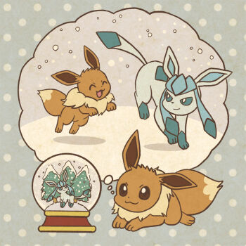 ^_^ animal_focus blue_eyes bright_pupils closed_eyes closed_mouth commentary_request eevee full_body gen_1_pokemon gen_4_pokemon glaceon imagining lying mojacookie nintendo no_humans official_art on_stomach open_mouth pokemon pokemon_(anime) pokemon_(creature) pokemon_focus pokemon_journeys polka_dot polka_dot_background second-party_source smile snow snow_globe snowing speech_bubble thought_bubble tree white_pupils