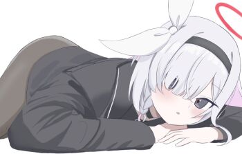 Rule 34 | 1girl, black eyes, black hairband, black sailor collar, black serafuku, blue archive, braid, choker, commentary request, hair over one eye, hairband, halo, looking at viewer, lying, on stomach, plana (blue archive), red halo, red pupils, sailor collar, school uniform, serafuku, si shirono, single braid, solo, white hair