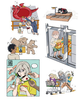 ... 5boys 6+girls alternate_universe animal_ears bags_under_eyes black_eyes black_hair blonde_hair blue_background blush blush_stickers body_blush bow box candy cardboard_box cat_ears cat_girl cat_tail chilchuck_tims closed_eyes clothes_writing collarbone collared_shirt contemporary cookie costco crocs cup dark-skinned_male dark_skin doll door door_handle dumpling dungeon_meshi eating egg elf english_text excited fairy fairy_(dungeon_meshi) fairy_wings falin_touden feeding fleki floating_hair flying food fork freezer from_behind full_body grey_hair hair_bow halfling holding holding_box holding_doll holding_food hood hood_down hoodie hot_dog in_shopping_cart indoors inflatable_raft inset izutsumi japanese_text jitome jug_(bottle) kabru knees_to_chest laios_touden lazy_eye logo logo_parody lollipop long_hair long_sleeves looking_at_another looking_at_viewer lycion lying marcille_donato milsiril mithrun mother_and_son motion_lines multiple_boys multiple_girls multiple_views notched_ear official_alternate_costume on_box open_mouth outstretched_arm pants pattadol pepperoni pickle pizza pizza_slice pointing pointy_ears ponytail refrigerator rem_(tsulala) running shadow shelf shirt shoelaces shoes shopping shopping_cart short_hair short_sleeves sidelocks sign simple_background sitting sitting_on_box sleeveless sleeveless_shirt socks sparkle speech_bubble spoken_ellipsis standing straight-on stuffed_animal stuffed_toy sweatdrop sweater t-shirt tail teddy_bear teeth toilet_paper tongue tongue_out toothpick trapped turn_pale twitter_username uneven_eyes upper_teeth_only waffle warehouse watermark wavy_hair white_background window wings