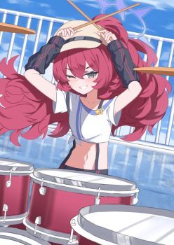 1girl absurdres anma21 blue_archive commentary drum drum_set drumsticks grey_eyes hair_between_eyes halo hands_up highres holding holding_drumsticks instrument iroha_(blue_archive) long_hair navel one_eye_closed open_mouth purple_halo red_hair smile solo