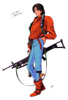 Rule 34 | 1990s (style), 1boy, absurdres, artist name, black hair, boots, brown eyes, bullet, character name, denim, fn minimi, full body, gun, hand on own hip, highres, holding, holding gun, holding weapon, jacket, jeans, kazuma kaneko, light machine gun, machine gun, male focus, marker (medium), official art, pants, retro artstyle, rifle, scan, shin megami tensei, shin megami tensei i, signature, solo, standing, third-party source, traditional media, weapon, white background, yuji (megami tensei)
