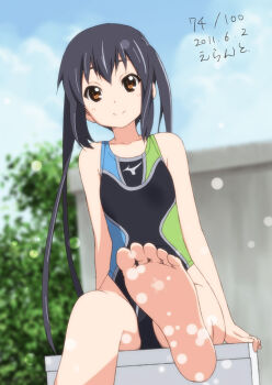 1girl 2011 barefoot black_hair brown_eyes competition_swimsuit dated day errant feet female_focus foot_focus k-on! long_hair nakano_azusa one-piece_swimsuit sitting soles solo swimsuit toes twintails