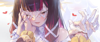 2girls absurdres black_hair blush bow closed_eyes columbina_(genshin_impact) commentary_request detached_sleeves dress eye_mask frilled_sleeves frills genshin_impact gloves hand_on_another&#039;s_cheek hand_on_another&#039;s_face heart highres holding_hands mask multicolored_hair multiple_girls open_mouth pink_hair sandrone_(genshin_impact) single_glove streaked_hair sweatdrop trembling two-tone_hair white_bow white_dress white_gloves white_mask wrist_bow yu_hydra yuri