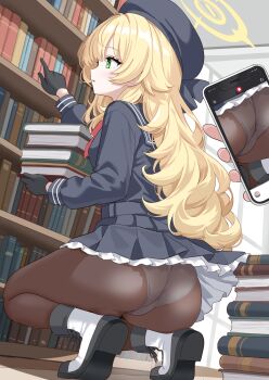 1girl 1other ass beret black_gloves black_hat black_pantyhose black_sailor_collar black_serafuku black_shoes black_skirt blonde_hair blue_archive blue_serafuku blue_skirt book bookshelf boots bow bowtie breasts cellphone commentary_request commission fluffy_hair frilled_skirt frills gloves green_eyes halo hat hidden_camera highres holding holding_book holding_phone indoors library long_hair long_sleeves miniskirt panties panties_under_pantyhose pantyhose phone pile_of_books pixiv_commission pleated_skirt professor_niyaniya_(blue_archive) recording red_bow red_bowtie sailor_collar school_uniform serafuku shimouki_izui shoes side_ahoge skirt small_breasts smartphone socks solo_focus squatting underwear upskirt variant_set very_long_hair voyeur_pov voyeurism white_panties white_socks yellow_halo