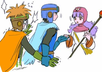 1girl 2boys aviator_cap aviator_goggles bag black_bodysuit blonde_hair blue_gloves blue_hat blue_tunic blunt_bangs bodysuit breasts cape commentary dragon_quest dragon_quest_ii gloves green_gloves green_tabard hat highres holding holding_another&#039;s_wrist holding_staff hood hood_up hoodie long_hair medium_breasts mouyi multiple_boys open_mouth orange_cape pink_eyes pink_hoodie prince_of_lorasia prince_of_samantoria princess_of_moonbrook purple_hair red_trim robe shaded_face shoulder_bag staff symbol-only_commentary tabard tears trembling tunic upper_body white_background white_robe