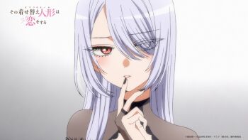 Rule 34 | 1girl, anime screenshot, copyright name, cosplay, grey background, grey hair, highres, inui sajuna, long hair, looking at viewer, official art, purple eyes, simple background, solo, sono bisque doll wa koi wo suru, upper body