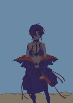 Rule 34 | 1girl, absurdres, bare shoulders, bell, belly, black bra, black collar, black hair, black jacket, black skirt, blue background, blue sky, bra, breasts, collar, commentary request, cross, cross earrings, crow (nikke), earrings, empty eyes, facing viewer, fishnet thighhighs, fishnets, floating hair, goddess of victory: nikke, hands in pockets, highres, jacket, jewelry, long bangs, looking down, medium breasts, mero (ilsttkgbz11), miniskirt, multicolored hair, multicolored jacket, neck bell, outdoors, pocket, red hair, red jacket, red ribbon, ribbon, short hair, sketch, skirt, sky, solo, standing, streaked hair, tattoo, thighhighs, two-tone hair, two-tone jacket, underwear, unworn jacket, zettai ryouiki