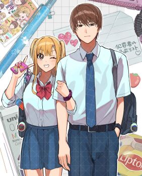 1boy 1girl amane_misa bag blonde_hair blue_necktie blue_skirt blush bow breasts brown_eyes brown_hair cellphone chest_bow collared_shirt death_note dress_shirt expressionless flip_phone grin hand_in_pocket highres kasuya86 long_hair looking_at_viewer magazine_(object) medium_breasts miniskirt necktie one_eye_closed phone pleated_skirt red_bow school_uniform shirt short_twintails shoulder_bag skirt smile thighs twintails v white_shirt yagami_light