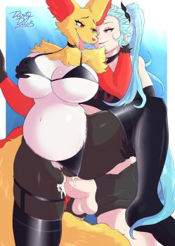 1futa 1girl after_kiss akeno(itsnafulol) animal_ears bikini black_fur blue_hair breasts clothed_sex cum cum_in_pussy delphox denim denim_shorts dirtyduckart fox_ears fox_tail furry furry_female futa_with_female futanari gen_6_pokemon happy_sex highres huge_breasts impregnation interspecies large_penis leg_up nintendo original penis pokemon pokephilia pregnant purple_eyes red_fur shorts smile swimsuit tail thick_thighs thighs twintails vaginal yellow_fur