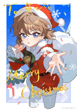 Rule 34 | 1girl, absurdres, bell, bisho imobing hito, blue eyes, border, brown hair, christmas, commentary request, confetti, cropped legs, haibara ai, hair between eyes, hat, highres, long sleeves, looking at viewer, meitantei conan, merry christmas, open mouth, pantyhose, parted lips, santa costume, santa hat, short hair, snowflakes, solo, white border, white pantyhose