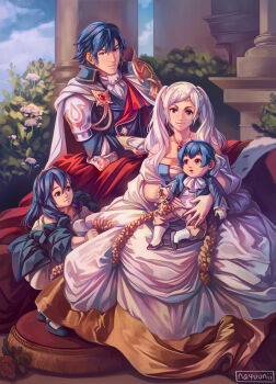 Rule 34 | 2boys, 2girls, aged down, armor, baby, blue hair, breasts, brother and sister, cape, carrying, child carry, chrom (fire emblem), dress, family, family portrait, father and daughter, father and son, female robin (fire emblem), fine art parody, fire emblem, fire emblem awakening, formal clothes, highres, husband and wife, iubworks, lucina (fire emblem), male morgan (fire emblem), medium breasts, mother and daughter, mother and son, multiple boys, multiple girls, nintendo, outdoors, parent and child, parody, pauldrons, shoulder armor, siblings, single pauldron, smile, twintails, white hair