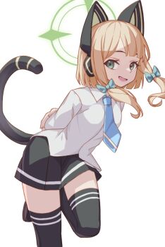 1girl animal_ear_headphones animal_ears arms_behind_back black_shoes black_shorts black_tail black_thighhighs blonde_hair blue_archive blue_necktie blunt_ends bow breasts cat_ear_headphones cat_ears cat_tail collared_shirt commentary fake_animal_ears fake_tail fantasyismyname green_bow green_eyes green_halo hair_bow halo headphones leaning_forward leg_up long_sleeves looking_at_viewer looking_to_the_side low-tied_sidelocks midori_(blue_archive) necktie no_jacket open_mouth parted_bangs shirt shoes short_hair shorts sidelocks simple_background small_breasts smile solo standing standing_on_one_leg tail tail_raised thighhighs untucked_shirt white_background white_shirt