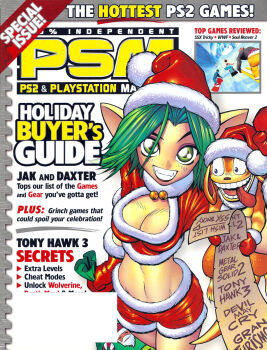 belly breasts christmas cleavage cover crop_top daxter green_eyes green_hair hat highres jak_and_daxter keira_hagai list magazine_(object) magazine_cover midriff naughty_dog navel pointy_ears psm sack santa_costume santa_hat short_shorts shorts smile teeth tongue tongue_out