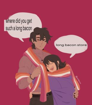 1boy 1girl arm_around_waist bead_bracelet beads belt black_hair black_nails bracelet closed_eyes commentary cowboy_shot curtained_hair english_commentary english_text grin hair_between_eyes hand_on_another&#039;s_back height_difference highres hug jewelry lesbian_flag long_bacon_store_(meme) meme midriff_peek necklace no_lineart omniscient_reader&#039;s_viewpoint scarf shared_clothes shared_scarf short_hair smile speech_bubble sweater umbrvx