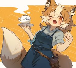 Rule 34 | 1girl, ;d, animal ear fluff, animal ear piercing, animal ears, apron, belt, blue apron, blush, brown hair, coffee grinder, commission, cowboy shot, cup, fang, fox ears, fox girl, fox tail, grey shirt, hands up, holding, holding saucer, letterboxed, looking at viewer, medium hair, mole, mole under eye, multicolored hair, napm, one eye closed, open mouth, orange background, orange eyes, original, outside border, ponytail, saucer, shirt, simple background, skeb commission, skin fang, smile, solo, standing, steam, streaked hair, tail, teacup, two-tone hair, uniform, white hair