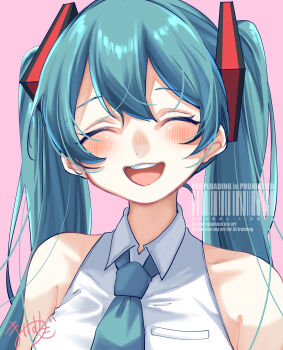 1girl absurdres bare_shoulders blue_hair blue_nails blue_necktie blue_trim blush breasts closed_eyes collarbone collared_shirt commentary_request detached_sleeves hair_between_eyes hair_ornament hatsune_miku highres long_hair looking_at_viewer mai_mugi medium_breasts necktie open_mouth pink_background shirt signature simple_background sleeveless sleeveless_shirt solo tattoo twintails very_long_hair vocaloid watermark white_shirt