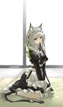 1girl absurdres animal_ear_fluff animal_ears apron arknights black_dress black_shoes commentary_request day dress frilled_apron frills green_eyes highres indoors juliet_sleeves kal&#039;tsit_(arknights) long_sleeves looking_at_viewer mouth_hold penny_(douding) puffy_sleeves shoes sitting solo sunlight wariza white_apron white_hair window