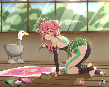 1girl ass back bare_shoulders bird colored_sclera colored_skin feet flower flower_ring froggyloch_(vtuber) goose hair_flower hair_ornament indie_virtual_youtuber jar jewelry kneeling looking_back paint paint_splatter paint_splatter_on_face paintbrush_hair_ornament painting_(action) pink_skin pointy_ears revolverd ring snail_shell stirrup_legwear tamagotchi thick_thighs thighs toe_ring toeless_legwear virtual_youtuber window yellow_sclera