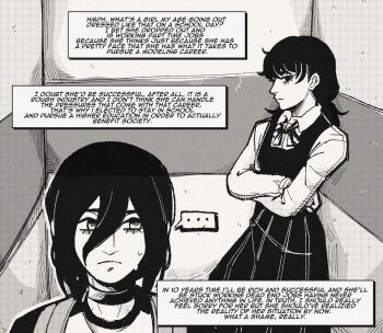 ... 2girls chainsaw_man collared_shirt crossed_arms dress elevator english_text fourth_east_high_school_uniform greyscale hair_between_eyes highres kermittend long_sleeves mitaka_asa monochrome multiple_girls neon_genesis_evangelion pinafore_dress reze_(chainsaw_man) school_uniform shirt sleeveless sleeveless_dress speech_bubble