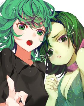 2girls :o bad_id bad_pixiv_id breasts chestnut_mouth cleavage color_connection colored_skin crossover disgust_(inside_out) dress eyelashes green_eyes green_hair green_skin heads_together inside_out looking_at_viewer multiple_girls naeun_(pinky1866) one-punch_man pixar pointing pointing_at_viewer scarf short_hair simple_background sleeveless small_breasts tatsumaki upper_body white_background