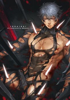 1boy abs black_background black_tank_top blood blood_on_body blood_on_face blood_splatter blood_stain commentary commission dark_background english_commentary glowing glowing_sword glowing_weapon grey_hair groin injury juhaihai kane_(jae) large_pectorals looking_at_viewer lying male_focus manly muscular muscular_male navel nipples original pants pectoral_cleavage pectorals penis_slip red_eyes serious short_hair signature solo sweat tank_top testicle_slip torn_clothes torn_pants weapon