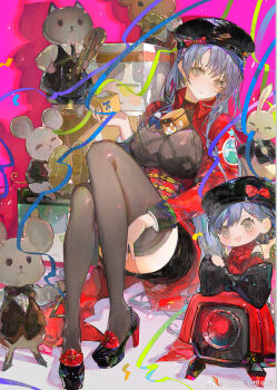 1girl black_hair black_hat black_skirt bow breasts brown_eyes brown_thighhighs dinergate_(girls&#039;_frontline) girls&#039;_frontline girls&#039;_frontline_2:_exilium girls&#039;_frontline_neural_cloud hat high_heels highres lewis_(girls&#039;_frontline) lewis_(neural_cloud) puppet qi_du_tiantian_xiang_xingyun sitting skirt thighhighs