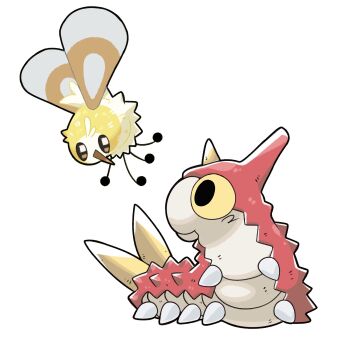 Rule 34 | black eyes, bug, colored sclera, commentary, cutiefly, gen 3 pokemon, gen 7 pokemon, highres, horns, nintendo, no humans, pokemon, pokemon (creature), pokemon focus, pr quote, simple background, single horn, white background, wings, wurmple, yellow sclera