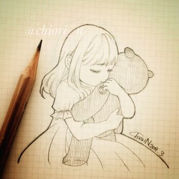 1girl art_tools_in_frame chiori_n closed_eyes commentary_request dress graphite_(medium) highres hugging_object long_hair monochrome original photo_(medium) solo stuffed_animal stuffed_toy teddy_bear traditional_media