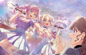 3girls :d ahoge anyoji_hime blonde_hair blue_eyes blue_hair breasts brown_hair curtained_hair earrings echoes_beyond_(love_live!) eye_contact fang flower fujishima_megumi fujishima_megumi_(post-graduation) game_cg gradient_hair hair_flower hair_ornament heart heart_earrings highres holding holding_microphone jewelry kneehighs link!_like!_love_live! long_hair looking_at_another love_live! medium_breasts medium_skirt microphone mira-cra_park! multi-tied_hair multicolored_hair multiple_girls music non-web_source official_art open_mouth osawa_rurino outdoors parted_bangs pink_flower pink_hair pink_shirt pink_skirt pleated_skirt ponytail purple_shirt purple_skirt shirt short_sleeves singing skirt smile socks stage twintails virtual_youtuber white_socks