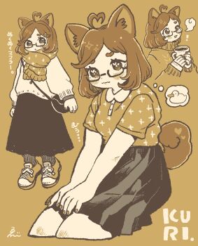 Rule 34 | !, 1girl, ahoge, animal ears, brown background, cropped legs, dog ears, dog girl, dog tail, ebiebi, heart, heart ahoge, highres, looking at viewer, multiple views, nail polish, open mouth, original, print shirt, scarf, shirt, shoes, short hair, signature, skirt, sneakers, socks, speech bubble, spoken animal, sweater, tail, thought bubble, wavy mouth