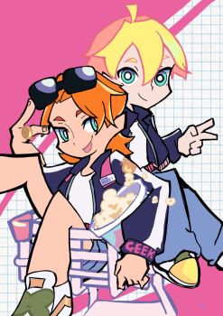 2boys belt black_jacket blonde_hair blue_eyes blue_pants brief_(psg) commentary english_commentary english_text family father_and_son food grid_background happy highres jacket jewelry junior_(psg) lightning_bolt_symbol multiple_boys official_style open_mouth orange_hair pants panty_&amp;_stocking_with_garterbelt panty_&amp;_stocking_with_garterbelt_(style) pink_background popcorn ring shirt shoes shopping_cart shorts smile sunglasses tongue tongue_out v vvonpino wedding_ring white_shirt