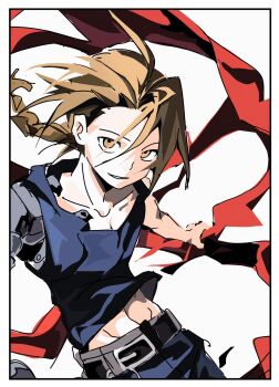 1boy bailanlam belt belt_buckle black_belt black_tank_top blonde_hair border braid buckle collarbone dutch_angle edward_elric floating_hair fullmetal_alchemist highres holding male_focus mechanical_arms midriff_peek outstretched_arms pants parted_hair parted_lips sanpaku single_braid single_mechanical_arm smile solo tank_top white_background yellow_eyes