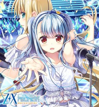 2girls aqua_eyes blonde_hair blue_hair concert confetti copyright_logo dress fujima_takuya glowstick kagamihara_azumi logo microphone_stand multiple_girls official_art open_mouth reaching reaching_towards_viewer red_eyes rigel_(z/x) two_side_up white_dress z/x z/x_code_reunion