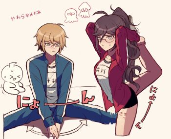 1girl 2boys ahoge alternate_costume alternate_hairstyle black_shorts blue_eyes blue_jacket chibi danganronpa:_trigger_happy_havoc danganronpa_(series) exercising fukawa_toko funya_(nekokaitaia) glasses jacket jimiko long_hair long_sleeves multiple_boys naegi_makoto octopus open_clothes open_jacket ponytail pout red_jacket shorts simple_background squid standing standing_on_one_leg sweat tally togami_byakuya